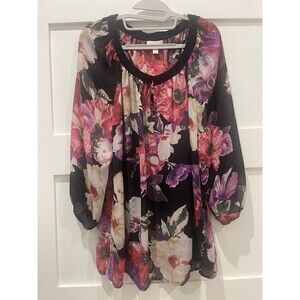 Charter Club Flower Print blouse, long sleeve size Large Beaded Neckline